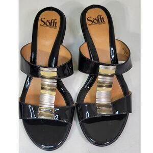 Sofft Sandals Womens 9.5 Anita Black Patten Leather Kitten Heel Jeweled Shoes